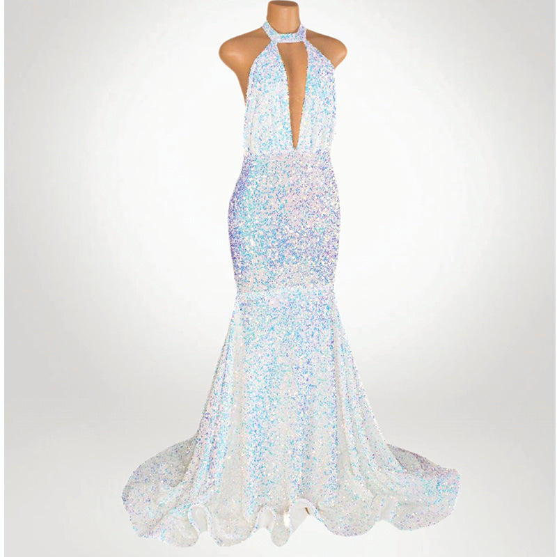 White Iridescent Sequin Mermaid Gown